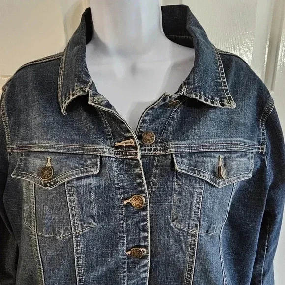 Live a Little Women Large Denim Jacket Dark Blue Cotton Trucker Archival Western - Picture 4 of 10